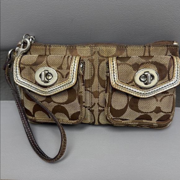 Vintage Coach Brown Signature Clutch Double Pocket Wristlet - Picture 1 of 10